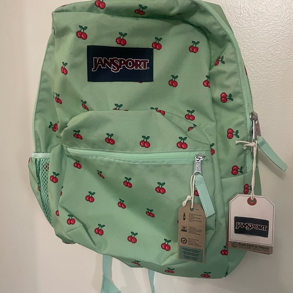 Jansport Mint Green Backpack with Cherry Print